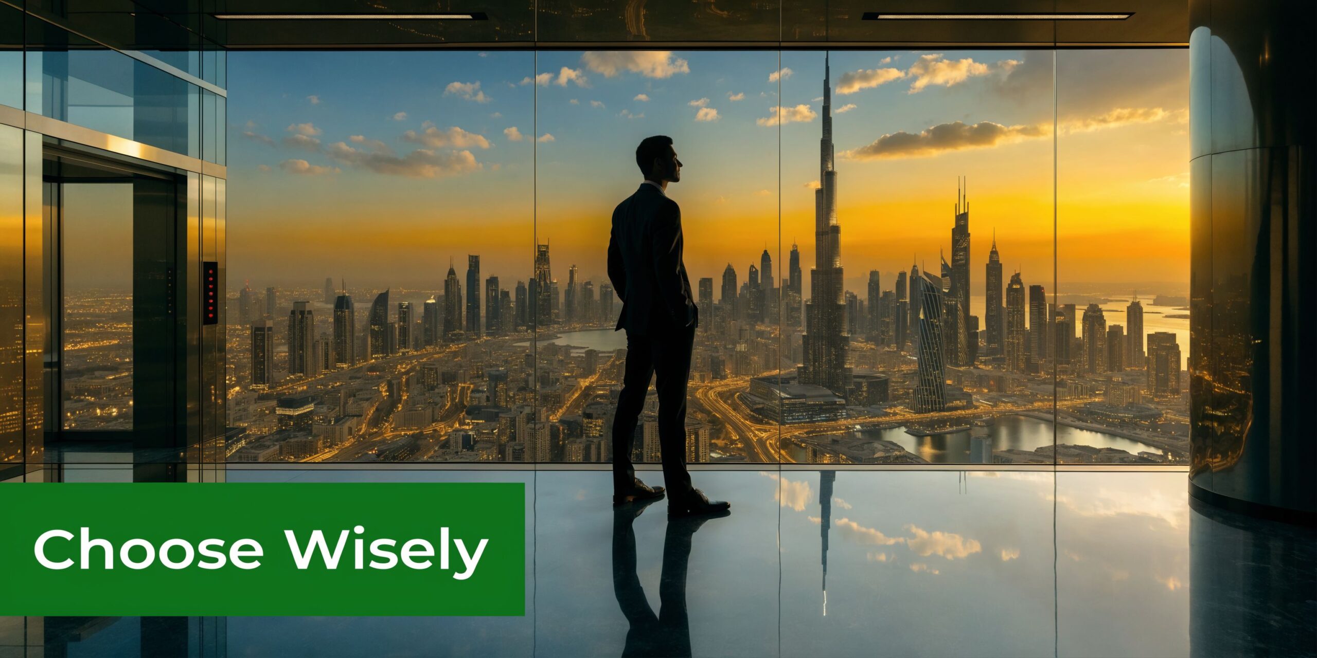 A businessman in a suit looks out a high-rise office window at the Dubai city skyline at sunset.